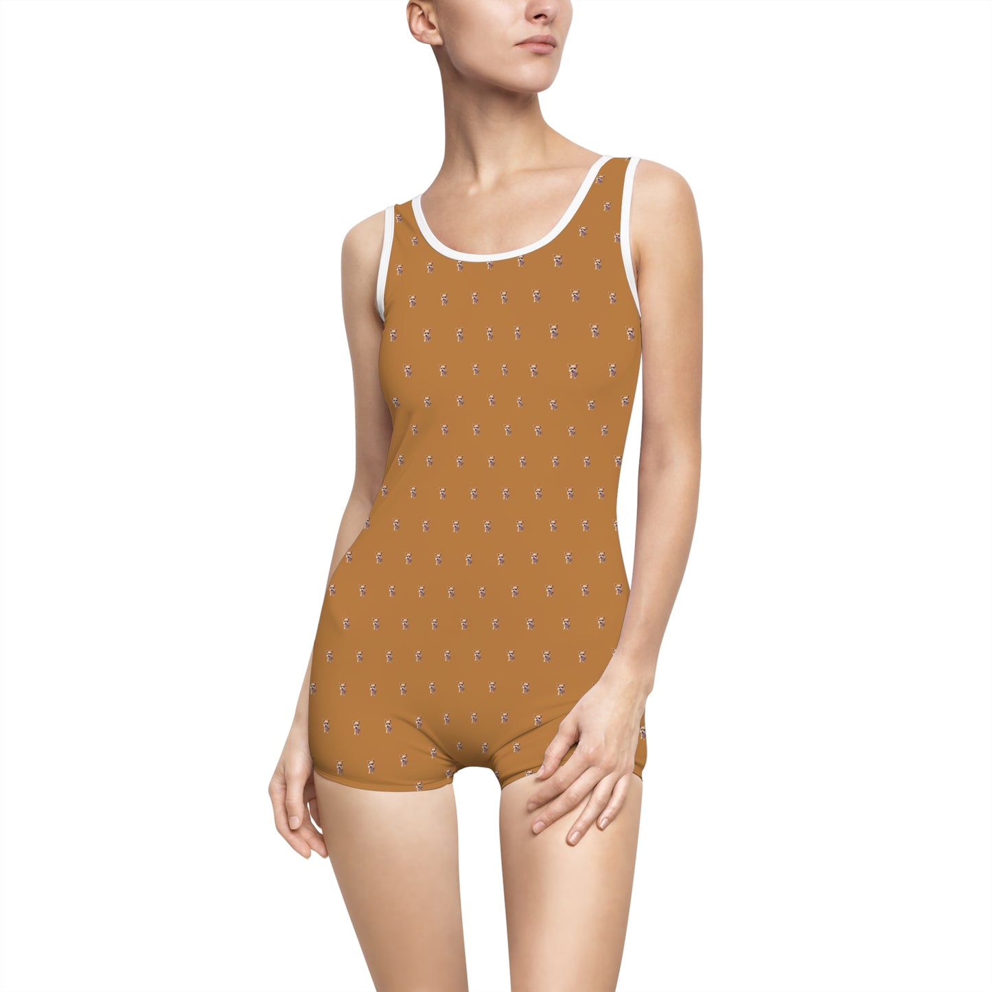 Women's Customizable MyGranddogger Light Brown Vintage Swimsuit, Retro Bathing Suit, Stylish Swimwear, Summer Pool Party Outfit, Beach Vacation Essential, Holiday Swimwear