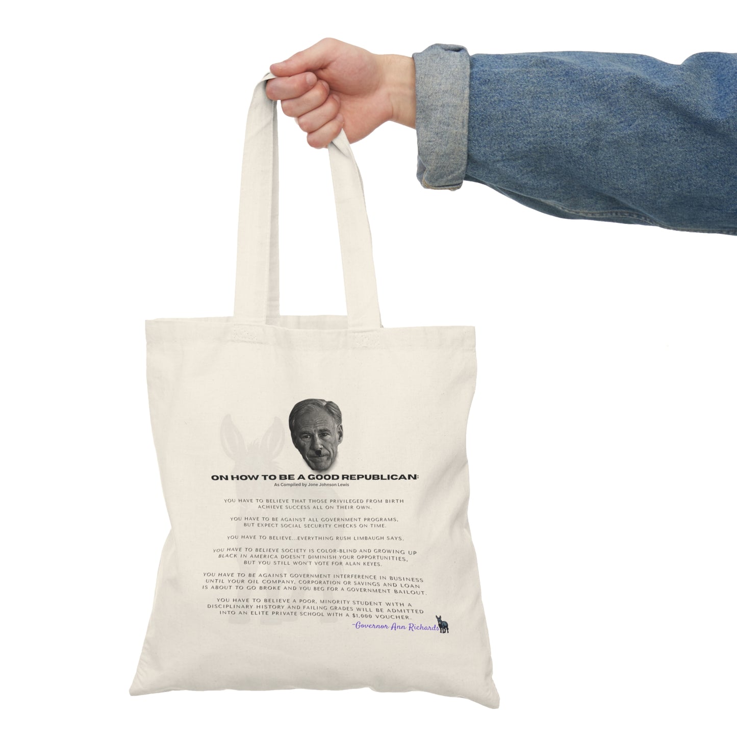Democrat Donkey feat. Greg Abbott and Ann Richards- How to be a Good Republican Tote Bag, Perfect Gift for Woke Grandpawrents, Eco-Friendly Shopping Bag