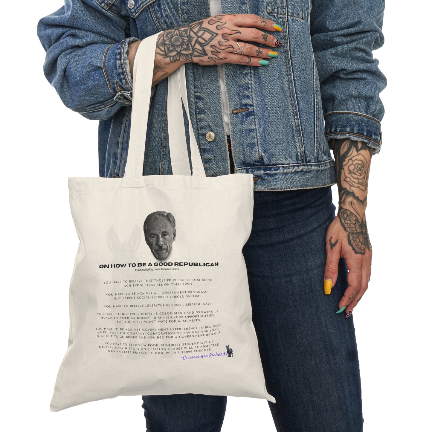 Democrat Donkey feat. Greg Abbott and Ann Richards- How to be a Good Republican Tote Bag, Perfect Gift for Woke Grandpawrents, Eco-Friendly Shopping Bag