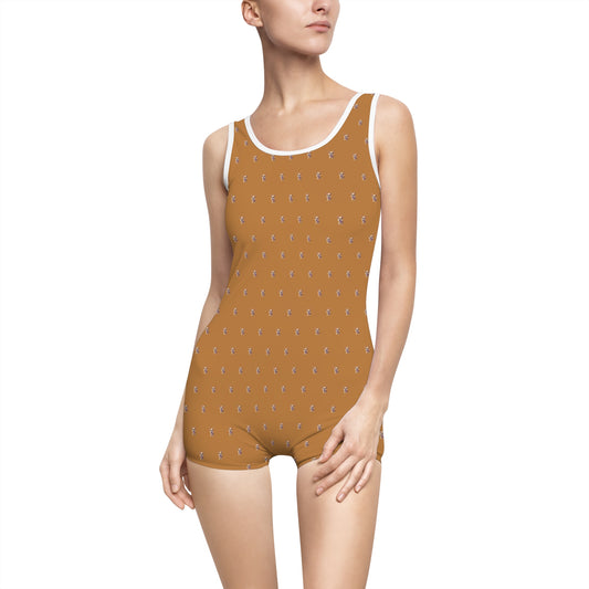 Women's Customizable MyGranddogger Light Brown Vintage Swimsuit, Retro Bathing Suit, Stylish Swimwear, Summer Pool Party Outfit, Beach Vacation Essential, Holiday Swimwear