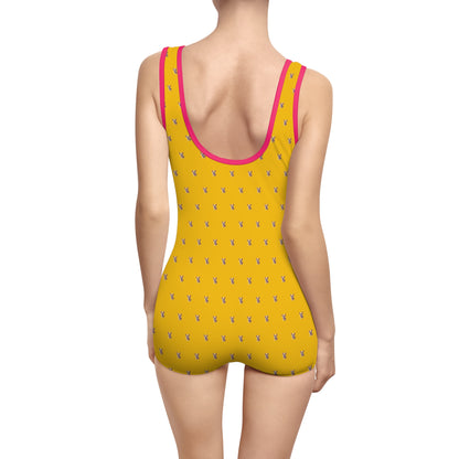 Women's Customizable MyGranddogger Yellow Gold Vintage Swimsuit, Retro Bathing Suit, Stylish Swimwear, Summer Pool Party Outfit, Beach Vacation Essential, Holiday Swimwear