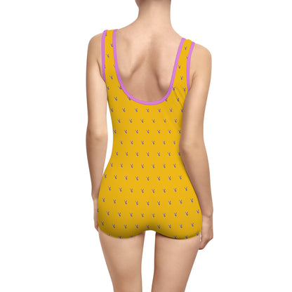 Women's Customizable MyGranddogger Yellow Gold Vintage Swimsuit, Retro Bathing Suit, Stylish Swimwear, Summer Pool Party Outfit, Beach Vacation Essential, Holiday Swimwear