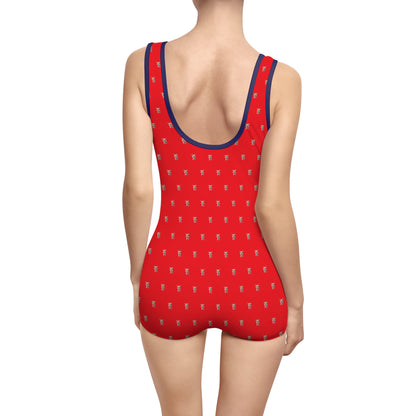 Women's Customizable MyGranddogger Red Vintage Swimsuit, Retro Bathing Suit, Stylish Swimwear, Summer Pool Party Outfit, Beach Vacation Essential, Holiday Swimwear